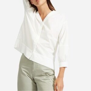 Everlane White Silky Cotton V-Neck Button Down Lantern Sleeve size 12